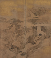 Waterfall and Pines, Maruyama Ōkyo 円山応挙 (Japanese, 1733–1795), Two-panel folding screen; ink and gold fleck on paper, Japan